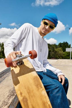 Parlak gün ışığı parkı doldurur. Genç bir adam kaykayıyla oturur, kendine güven ve neşe saçar..