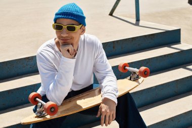 Genç bir adam parkta güneşli bir günün tadını çıkarıyor. Basamaklarda kaykayıyla oturuyor..