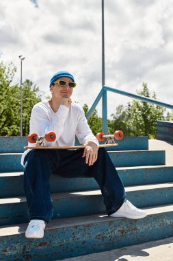 Rahat genç adam merdivenlerde kaykayıyla otururken park atmosferinin tadını çıkarıyor..