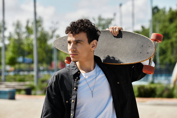 В ярком парке молодой человек уверенно носит скейтборд, впитывая солнце..