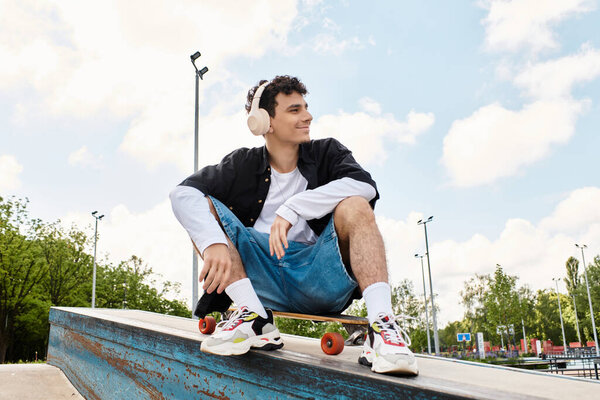 Молодой человек расслабляется со скейтбордом, носит наушники и наслаждается солнечным днем в парке.