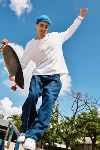 Молодой человек балансирует на рельсе со скейтбордом, наслаждаясь ярким днем на открытом воздухе.