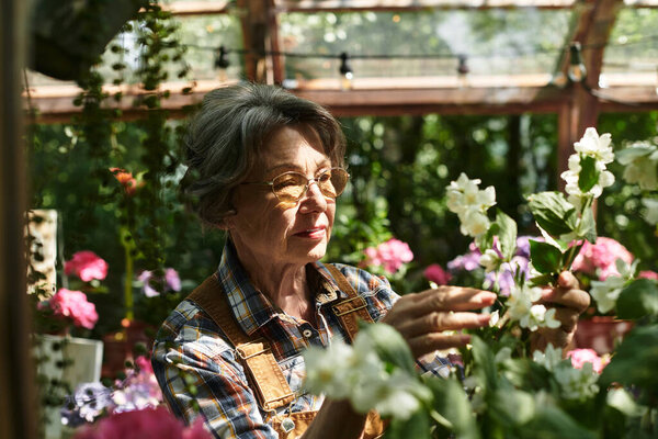 Senior woman enjoys nurturing blooming plants while surrounded by natures beauty and tranquility.