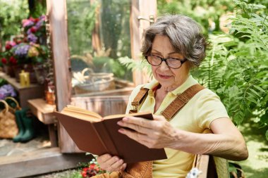 Güzel gümüş saçlı son sınıf öğrencisi bir kadın bahçesinde rahatlıyor, bir kitabın içinde kayboluyor..