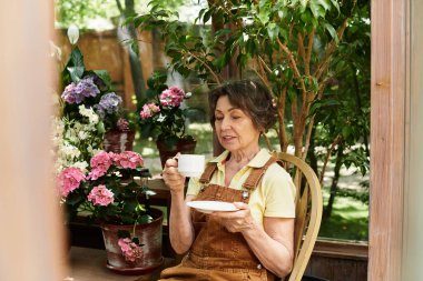 Huzurlu, kıdemli bir kadın bahçesinde, canlı çiçeklerle çevrili çaydan hoşlanır..