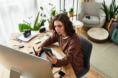 Güzel bir kadın, şık çalışma alanındaki grafik tabletini kullanarak fotoğrafları düzenliyor..