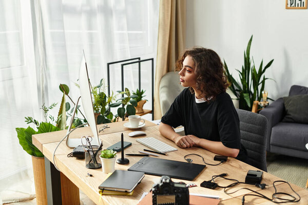 Beautiful young woman with curly hair focused on her editing work at a stylish home office.
