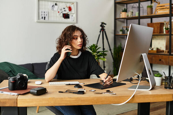 A beautiful woman edits photos on a graphic tablet while talking on the phone at home.