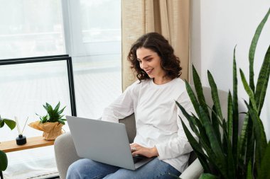 Kıvırcık saçlı kadın, bitkilerle dolu rahat bir evde dizüstü bilgisayarına odaklanıyor..