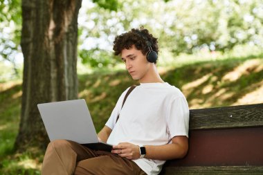 Beyaz tişörtlü kıvırcık saçlı genç adam güneşli bir parkta dizüstü bilgisayarına odaklanmış..