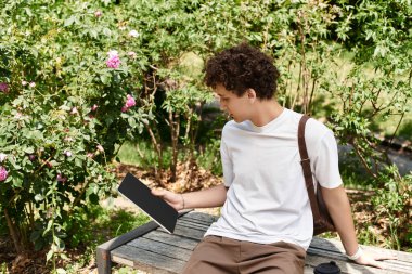 Yemyeşil bir yaz parkında kıvırcık saçlı genç bir adam kitap okurken bankta dinleniyor..