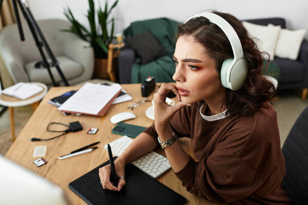 Молодая женщина с вьющимися волосами фокусируется на ретушировании изображений с помощью графического планшета у себя дома.