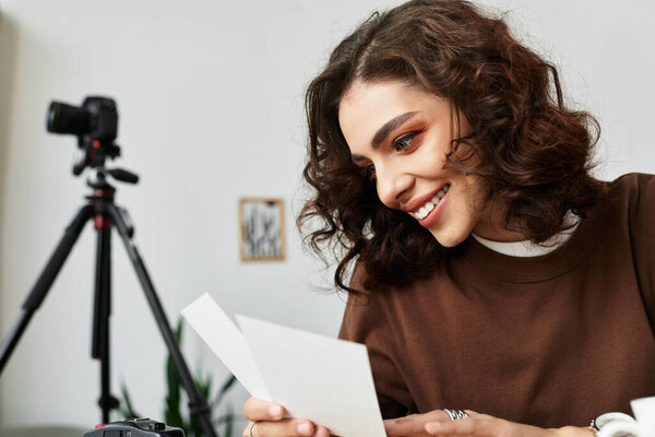 Curly-haired woman smiles while reviewing her work at home, surrounded by photography gear.