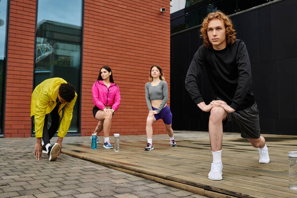 Four dynamic individuals partake in stretching exercises as they prepare for sports activities.