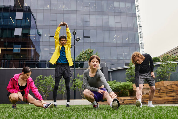 Молодые спортсмены занимаются упражнениями на открытом воздухе возле современных зданий в городе.