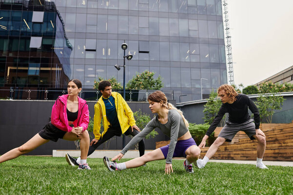 Группа из четырех молодых людей занимается динамичной растяжкой в современном парке.