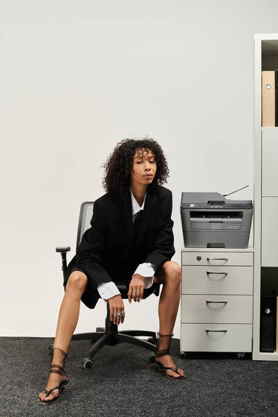 Молодая женщина в стильной деловой одежде элегантно сидит в офисном кресле.