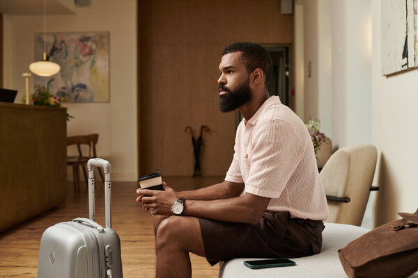 Стильный человек с бородой наслаждается кофе в шикарном вестибюле отеля, готовый к путешествию.