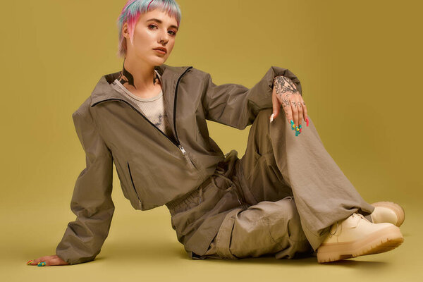 Молодая женщина с яркими короткими волосами изящно сидит в ярком студийном пространстве.