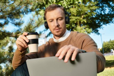 Üniversite öğretmeni kahve yudumlarken ve parkta dizüstü bilgisayar kullanırken dışarıda çalışıyor..