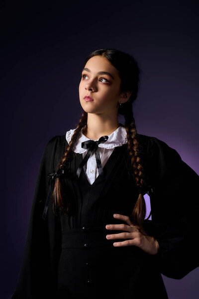 A girl with braids poses elegantly in a gothic Wednesday dress, celebrating Halloween vibes in October.