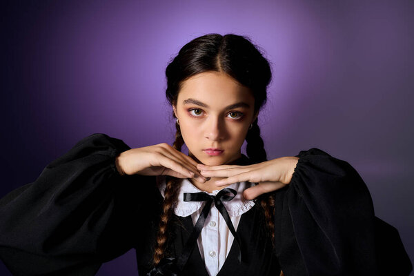 A girl with braids wears a gothic dress, embodying a Wednesday character during autumn festivities.