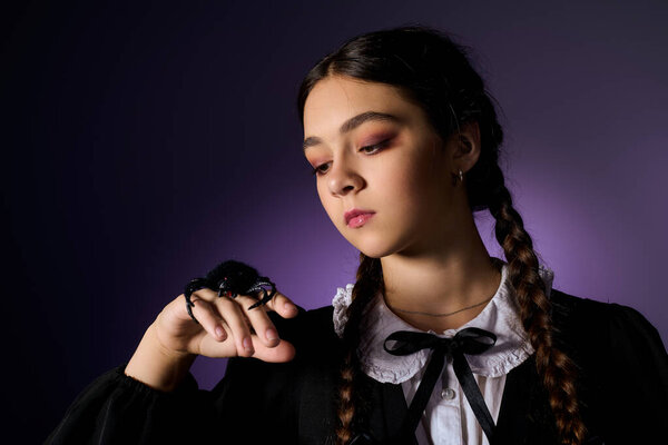 A girl with braids enjoys Halloween, dressed in a gothic style like a famous Wednesday character.