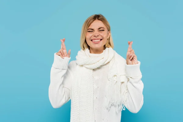 Mujer rubia alegre en suéter blanco y bufanda cruzando dedos aislados en azul - foto de stock