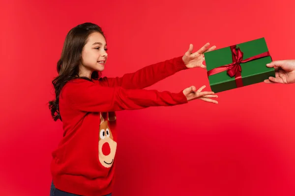 Cheerful girl in winter sweater taking wrapped Christmas present from father on red — Stock Photo