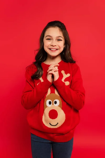 Chica positiva en suéter de invierno de pie con las manos apretadas aisladas en rojo - foto de stock