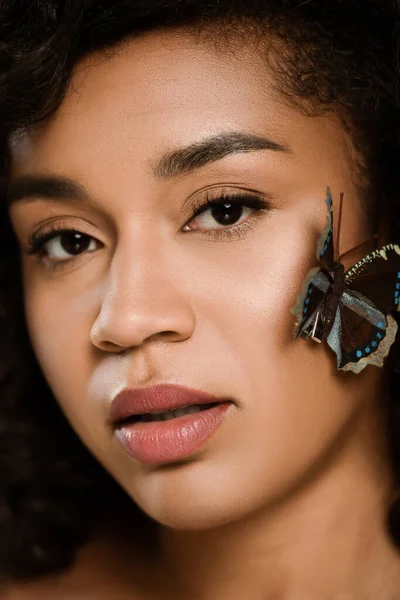 Gros plan de frisée afro-américaine femme avec papillon sur le visage regardant la caméra — Photo de stock