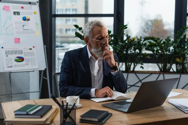 Concentrated businessman in suit looking at laptop near notebooks and coffee in office — Stock Photo