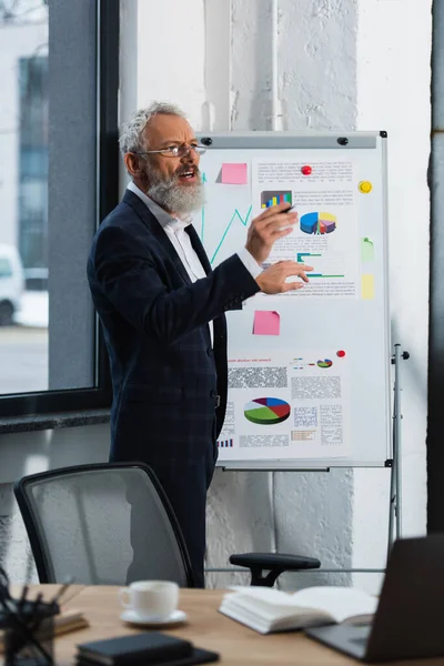 Mature businessman in suit talking during conference near flip chart with graphs in office — Stock Photo