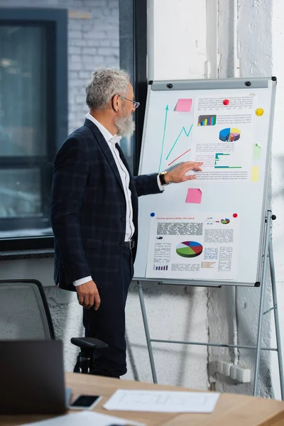 Side view of middle aged businessman looking at flip chart near blurred devices on table in office — Stock Photo