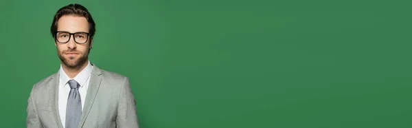 Rodízio barbudo em óculos olhando para a câmera isolada em verde, banner — Fotografia de Stock