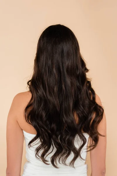 Back view of woman with wavy hair standing isolated on beige — Stock Photo