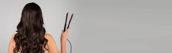 Back view of curly woman holding hair straightener isolated on grey, banner — Stock Photo