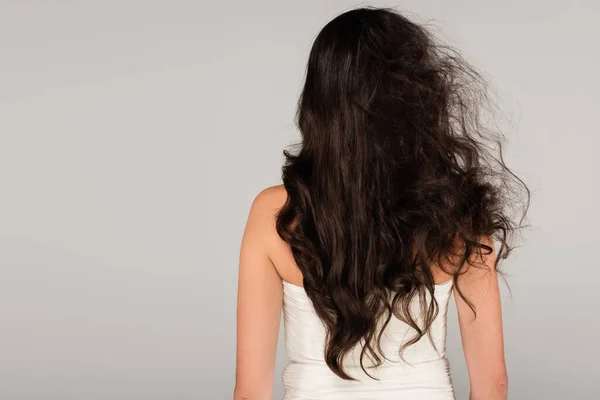 Back view of brunette woman with long and tousled hair isolated on grey — Stock Photo