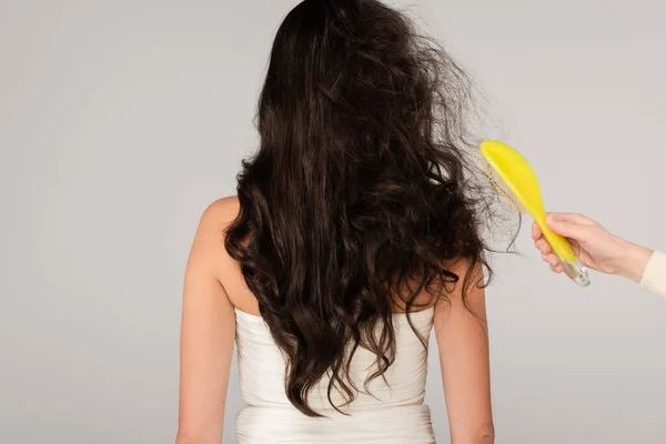 Back view de cabeleireiro segurando escova de cabelo perto de mulher morena com cabelo desarrumado isolado em cinza — Fotografia de Stock