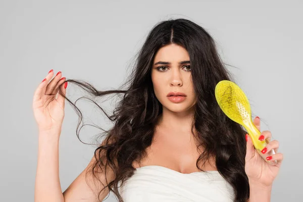 Displeased woman holding damaged and tangled hair and showing hair brush isolated on grey — Photo de stock