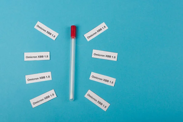 Top view of paper with omicron xbb lettering near cotton swab on blue background - foto de stock
