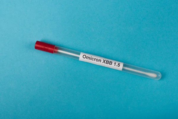 Top view of omicron xbb lettering on cotton swab on blue background — Foto stock