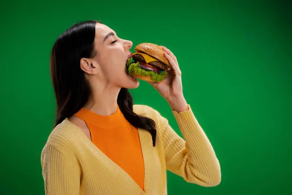 Hungry brunette woman eating delicious burger with meat and cheese isolated on green — Stockfoto