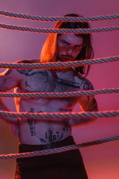 Young tattooed man standing near ropes on purple background with red light — Stock Photo