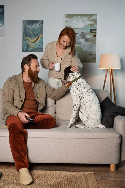Cheerful man with remote controller and woman with cup petting dalmatian dog at home — Photo de stock