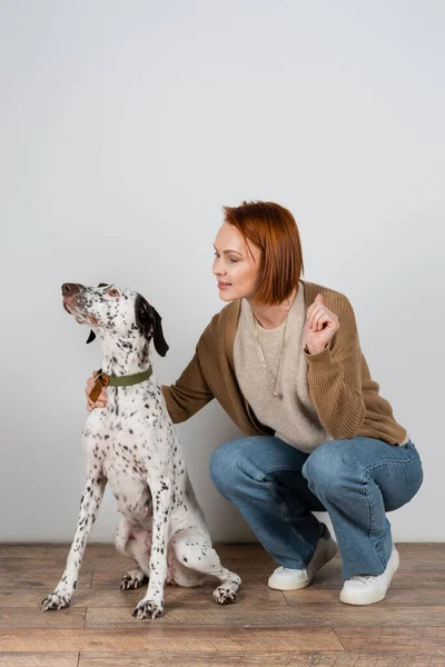 Redhead woman in casual clothes petting dalmatian dog at home — Photo de stock