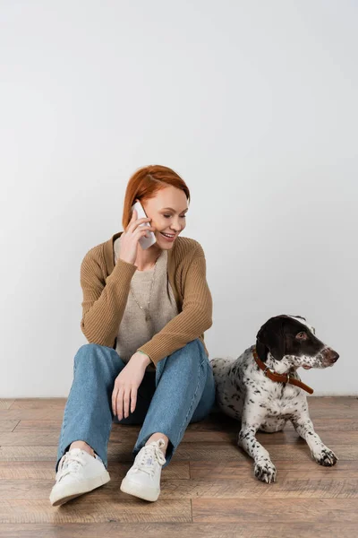 Cheerful redhead woman talking on cellphone near dalmatian dog on floor — Stock Photo