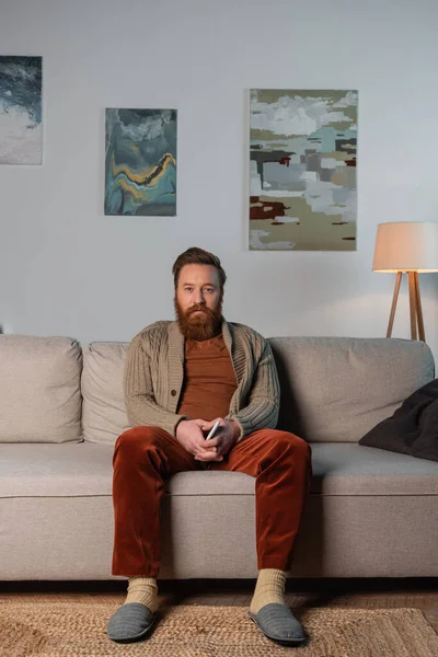 Bearded man in cardigan holding smartphone while sitting on couch at home — Photo de stock