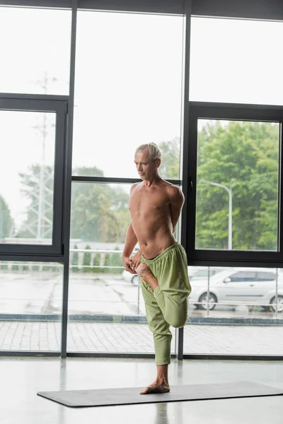 Hemdloser Mann posiert im Yoga-Studio mit halbem Lotusbaum — Stockfoto