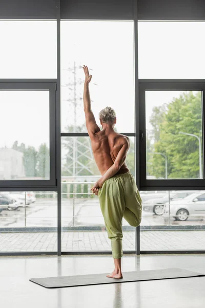 Back view of shirtless and barefoot man doing half lotus tree pose in yoga studio — Stock Photo